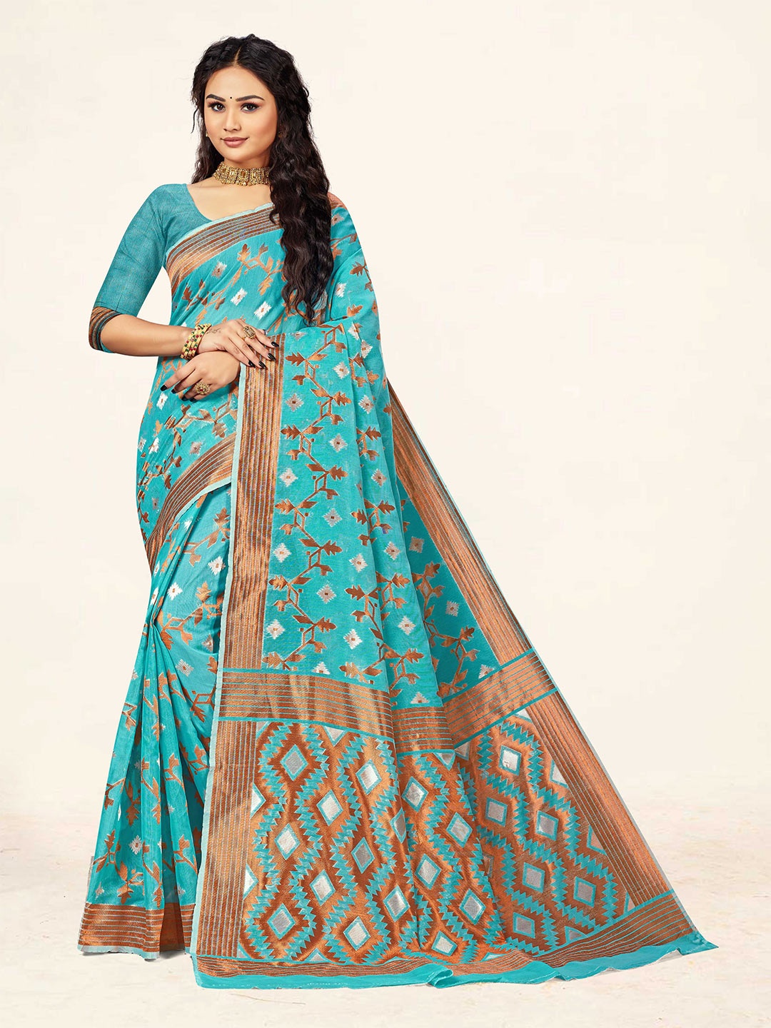 

KALINI Woven Design Zari Silk Blend Banarasi Saree, Blue