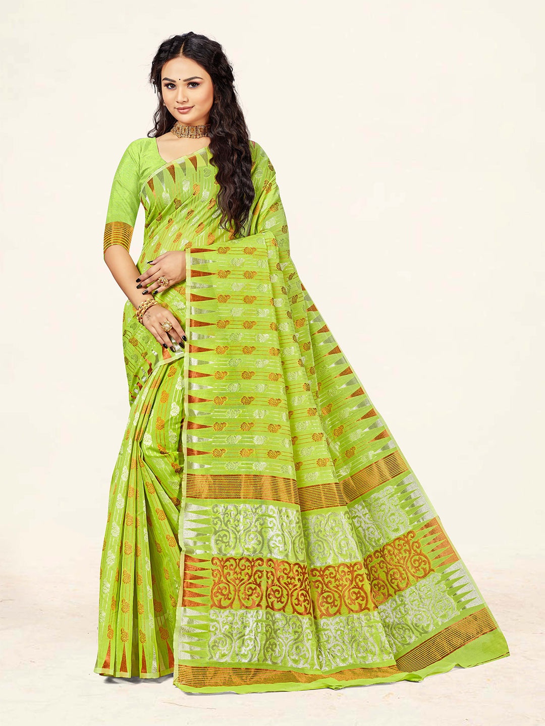 

KALINI Woven Design Zari Silk Blend Banarasi Saree, Lime green