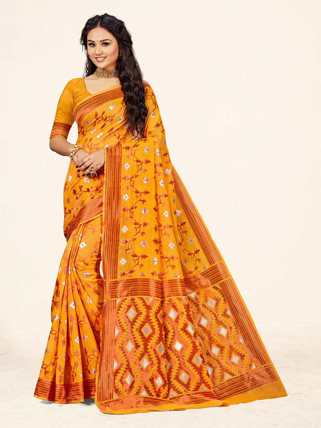 

KALINI Woven Design Zari Silk Blend Banarasi Saree, Orange