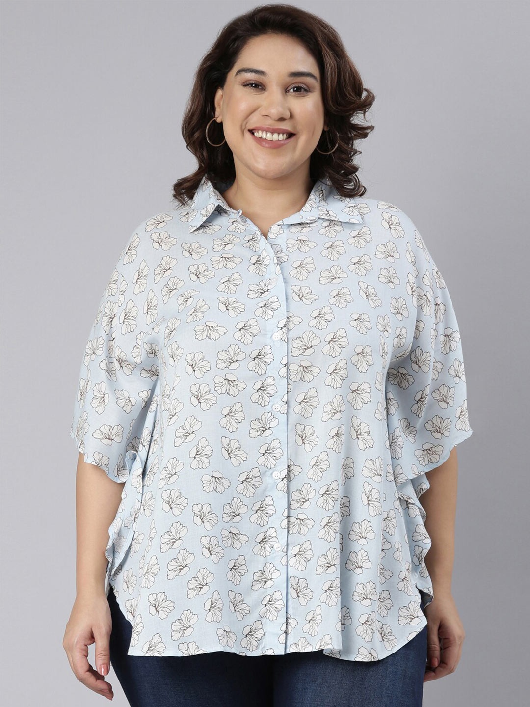 

The Pink Moon Women Plus Size Floral Printed Casual Shirt, Blue