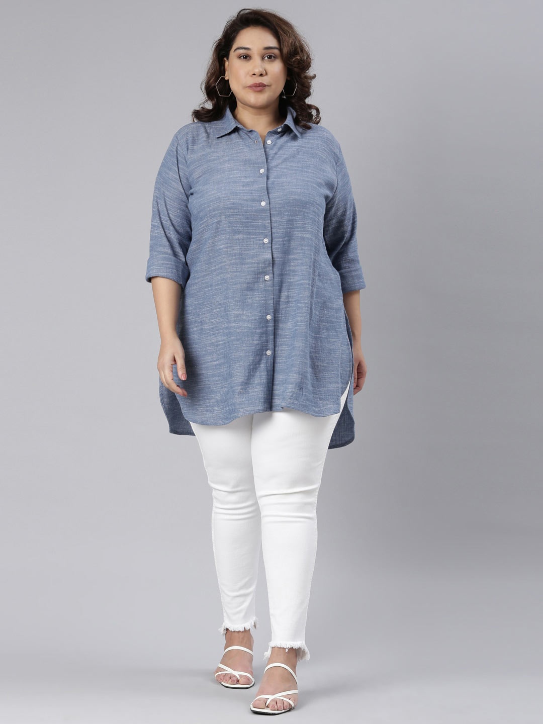 

The Pink Moon Women Plus Size Spread Collar Cotton Shirt, Blue
