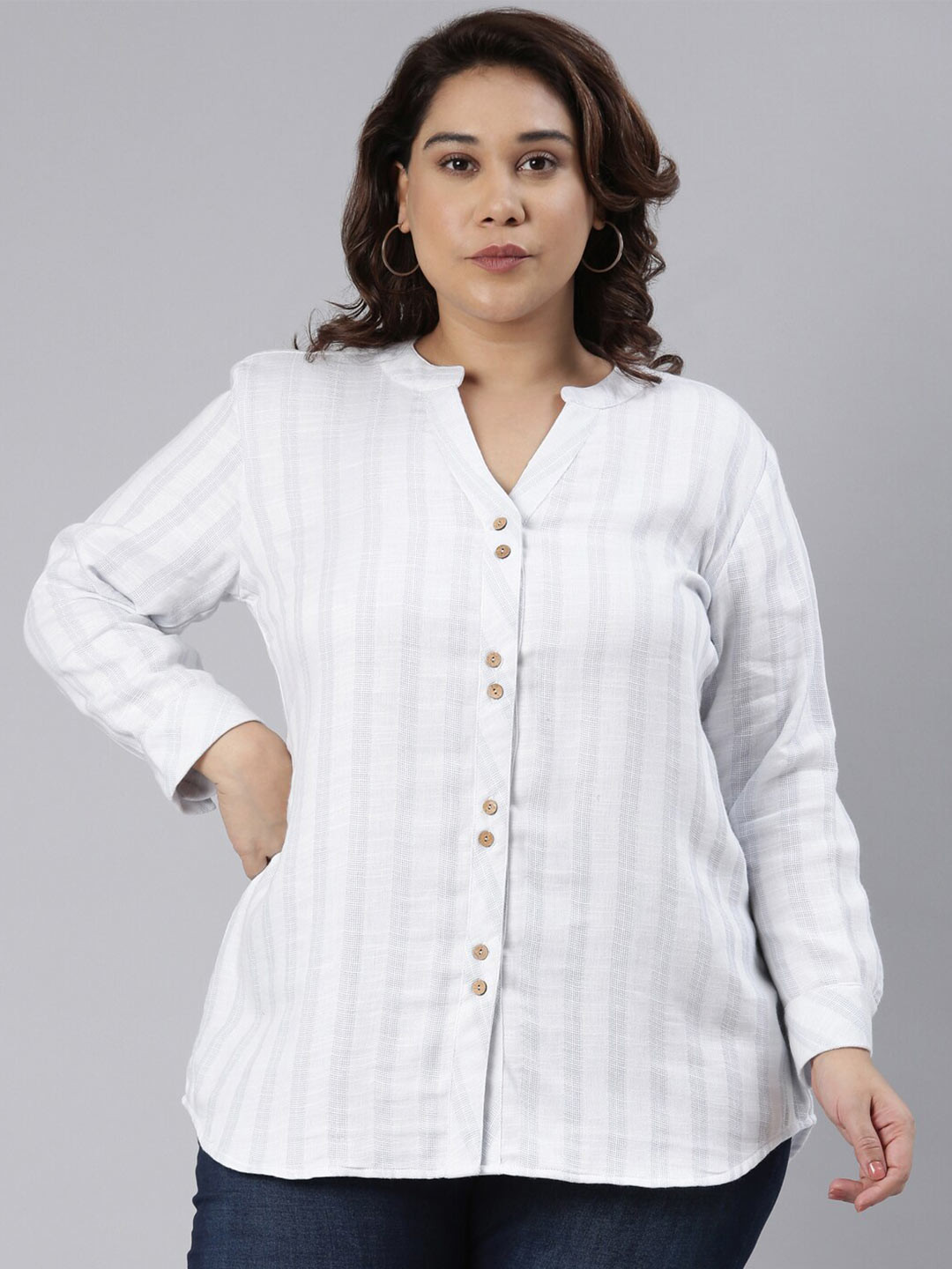 

The Pink Moon Women Plus Size Striped Cotton Casual Shirt, White