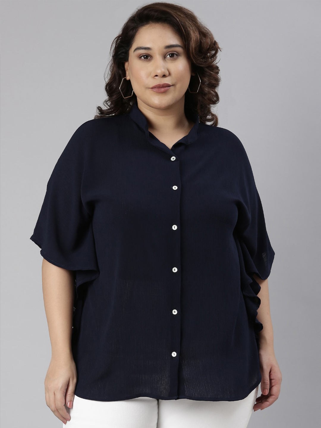 

The Pink Moon Women Plus Size Mandarin Collar Shirt, Navy blue