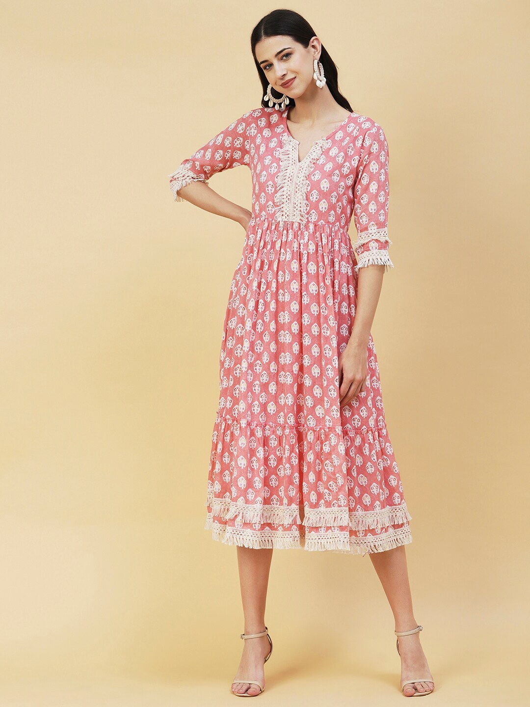 

FASHOR Ethnic Motifs Fringed A-Line Midi Dress, Peach