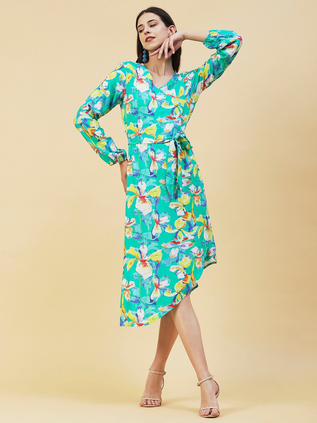 

FASHOR Floral Printed Wrap Midi Dress, Green