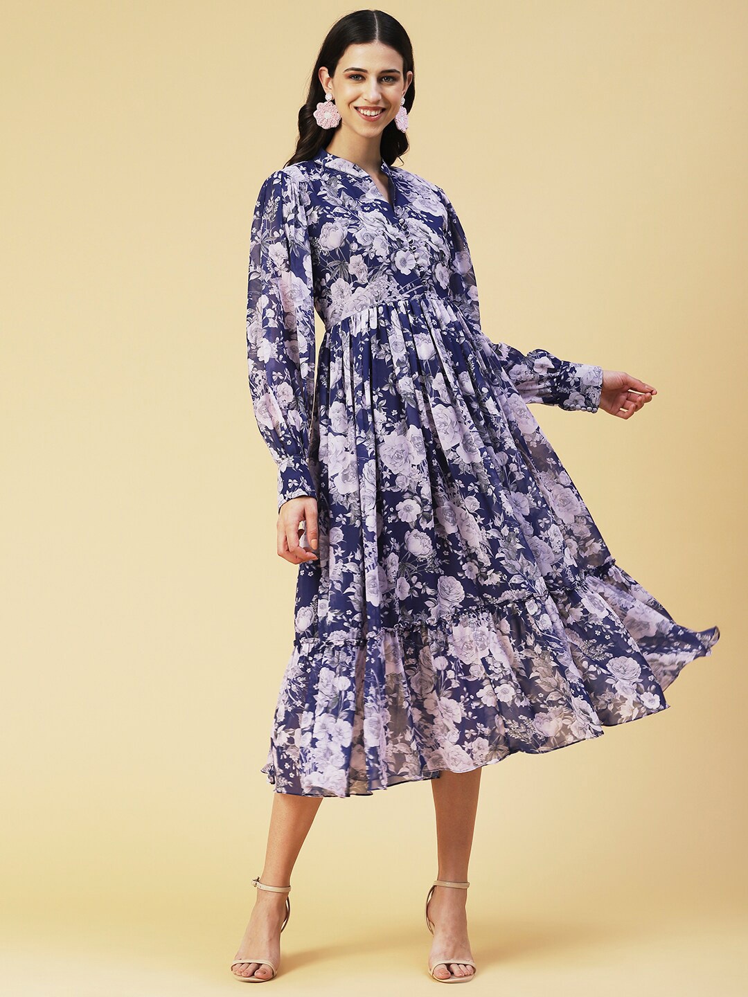 

FASHOR Floral Printed Georgette A-Line Midi Dress, Blue