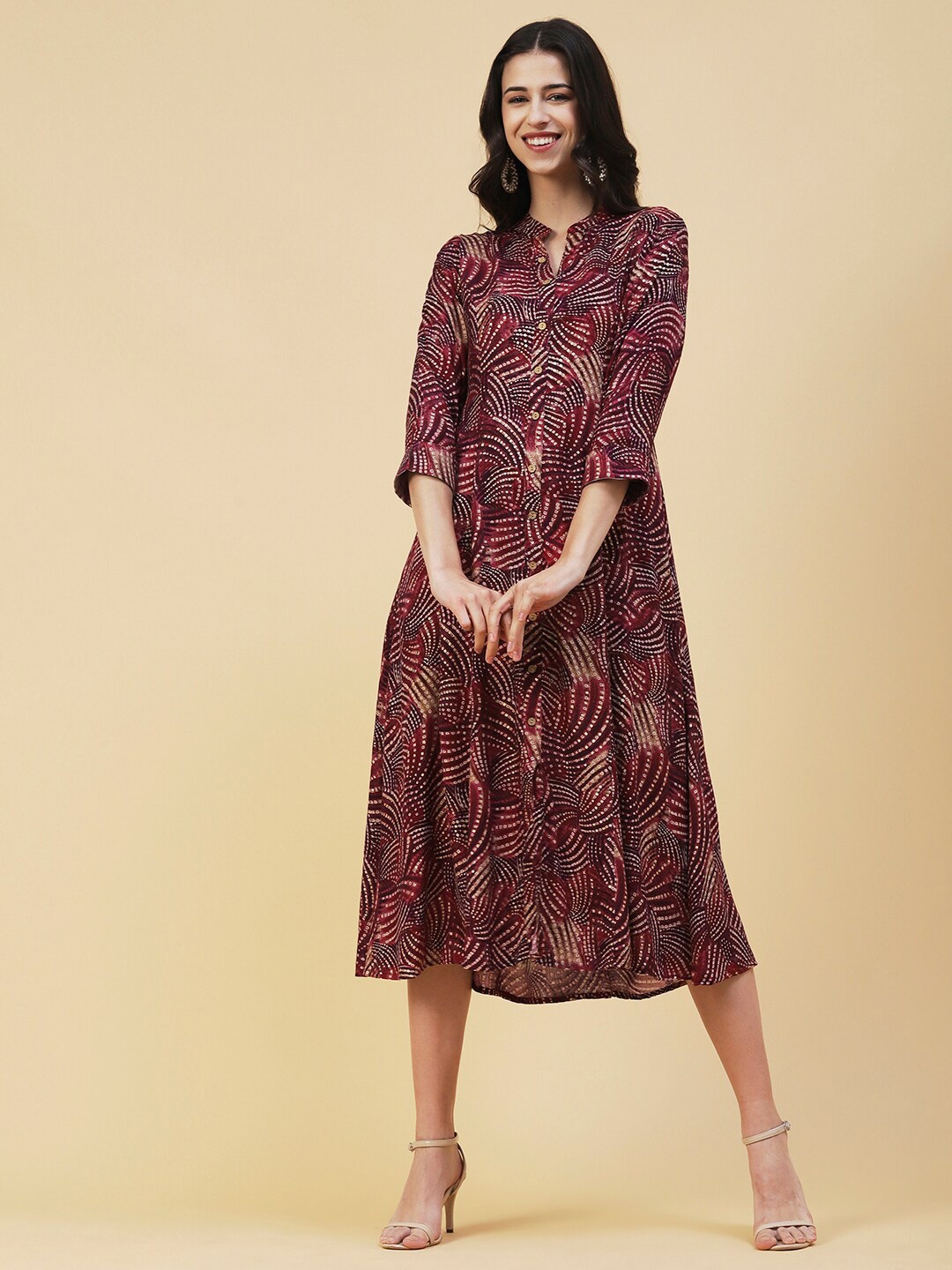

FASHOR Magenta Floral Printed A-Line Midi Dress