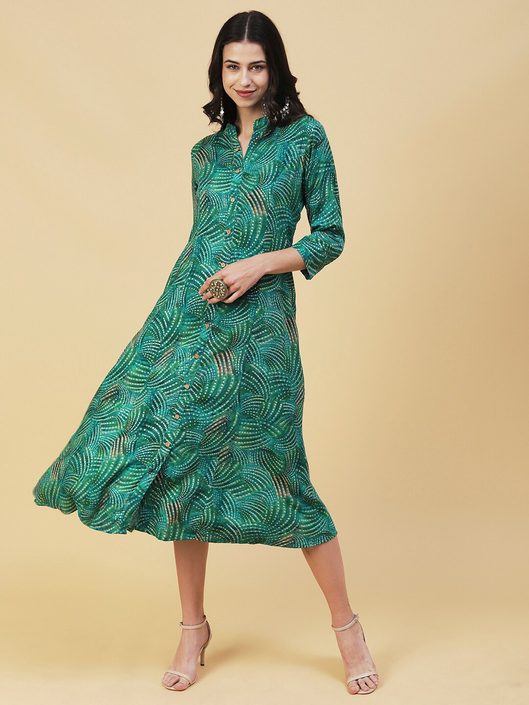 

FASHOR Abstract Printed A-Line Midi Dress, Green