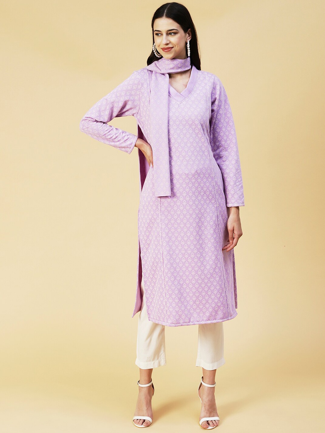 

FASHOR Women Ethnic Motifs Printed Kurta With stole, Lavender