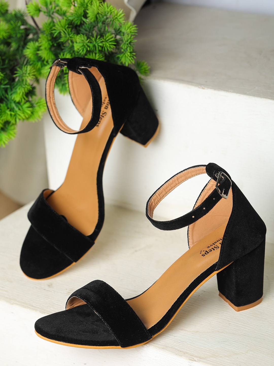 

LONDON STEPS Velvet Open Toe Block Heels, Black