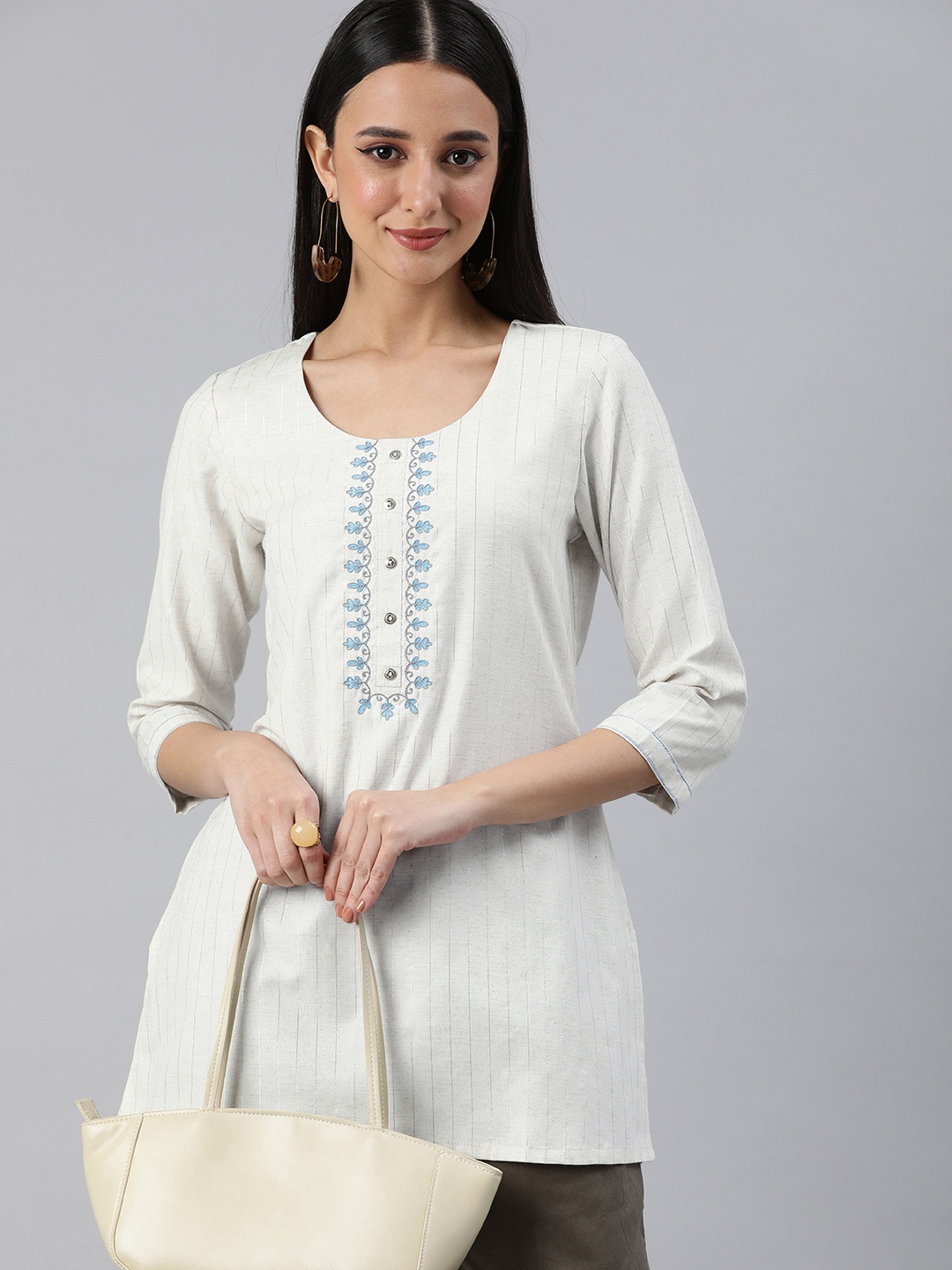 

ETIQUETTE Striped Thread Work Kurti, Off white