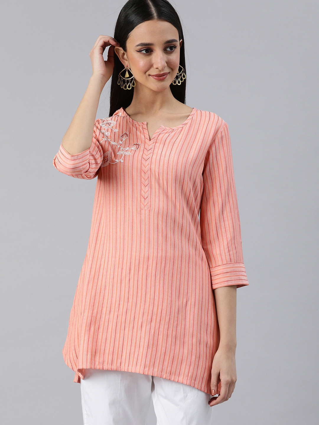 

ETIQUETTE Striped Thread Work Kurti, Peach
