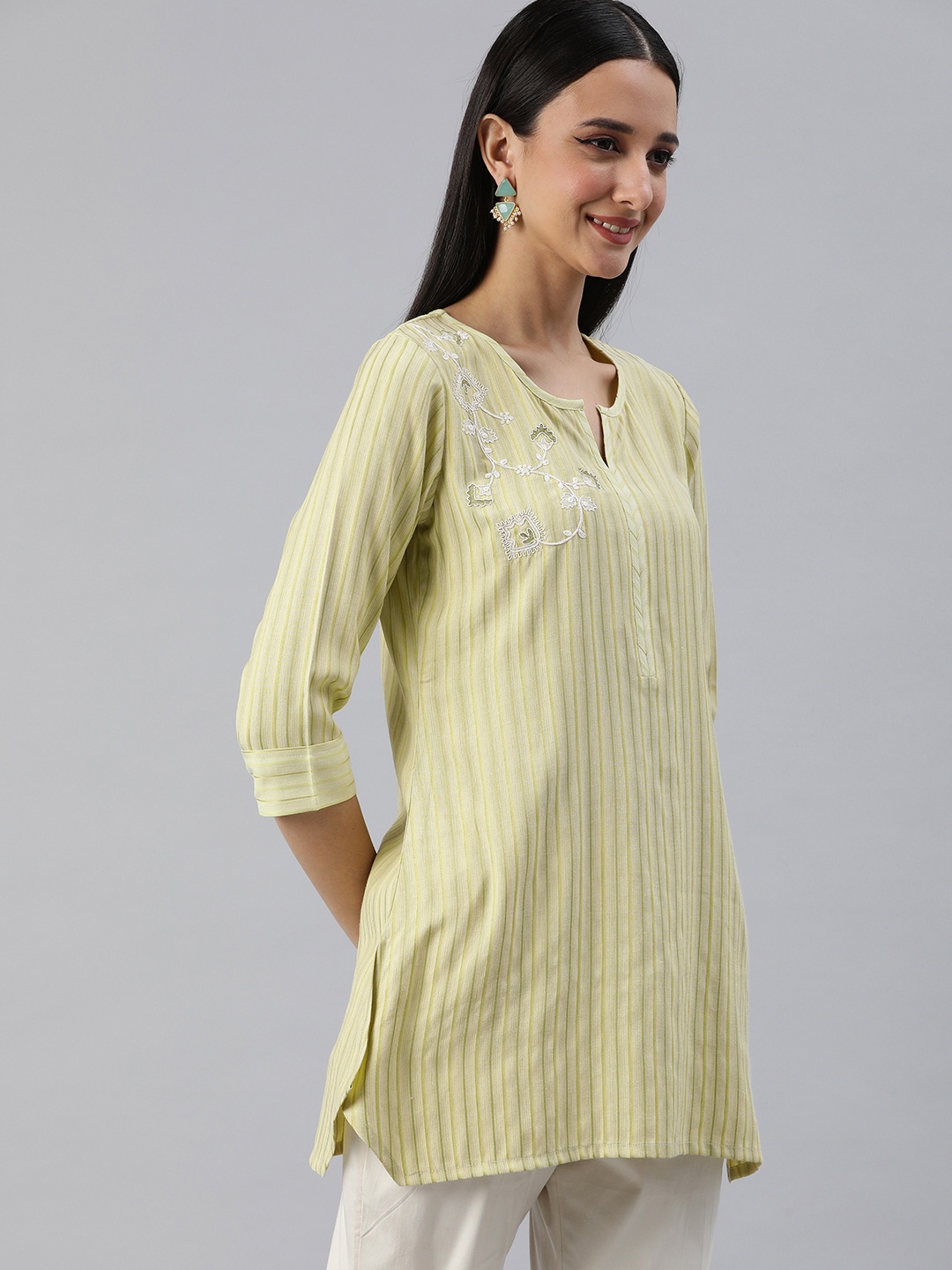 

ETIQUETTE Woven Design Striped Thread Work Kurti, Green