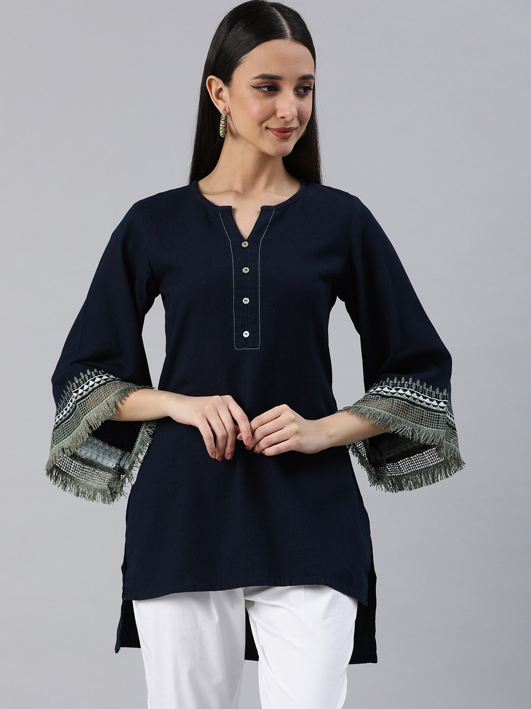 

ETIQUETTE Flared Sleeves Denim Kurti, Navy blue
