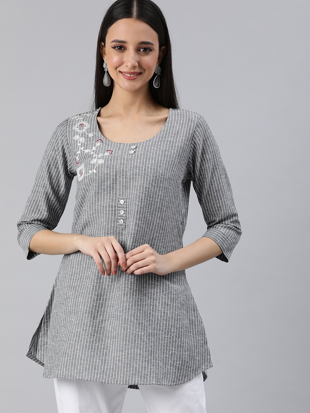 

ETIQUETTE Striped Thread Work Cotton Linen Thread Work Kurti, Grey