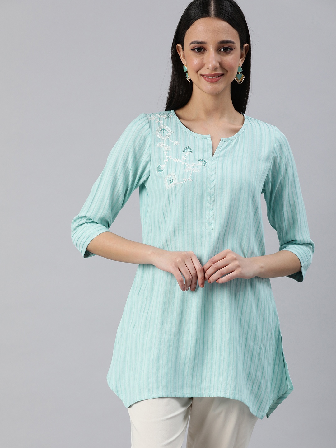 

ETIQUETTE Woven Design Striped Thread Work Kurti, Blue