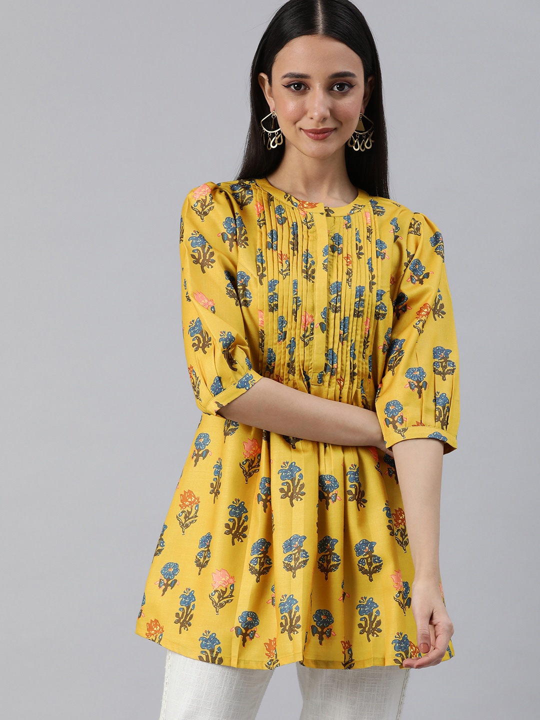 

ETIQUETTE Ethnic Motifs Printed Pleated A-Line Kurti, Yellow
