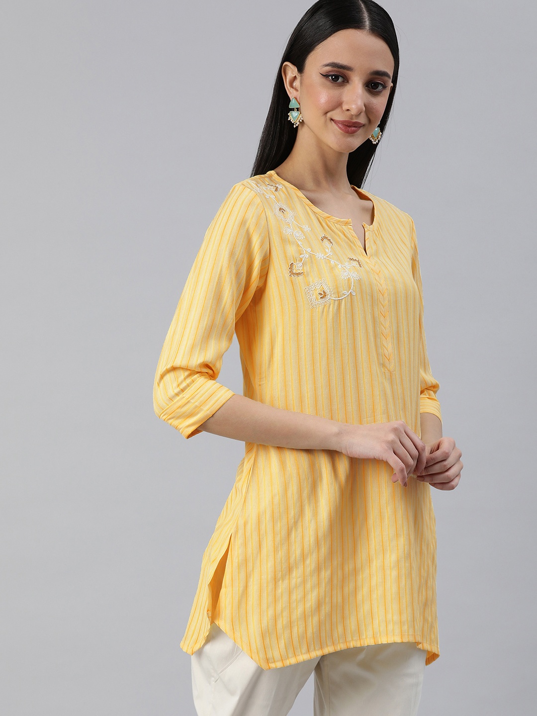 

ETIQUETTE Woven Design Striped Thread Work Kurti, Yellow