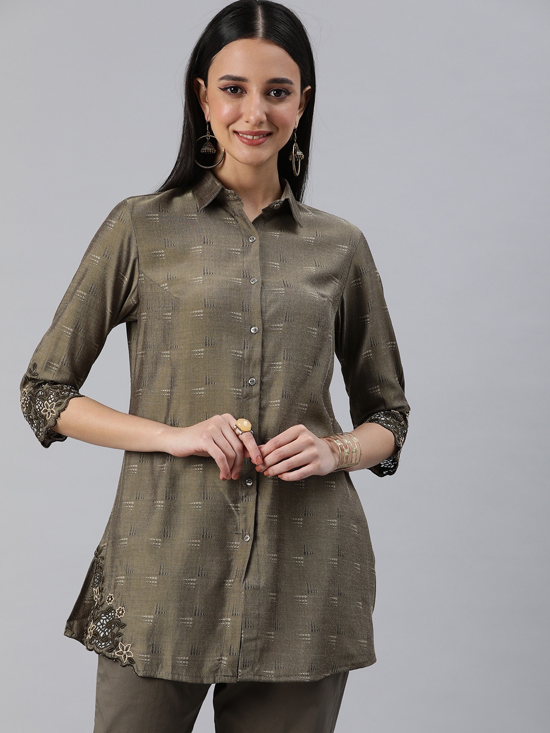 

ETIQUETTE Woven Design Shirt Collar Thread Work Kurti, Brown