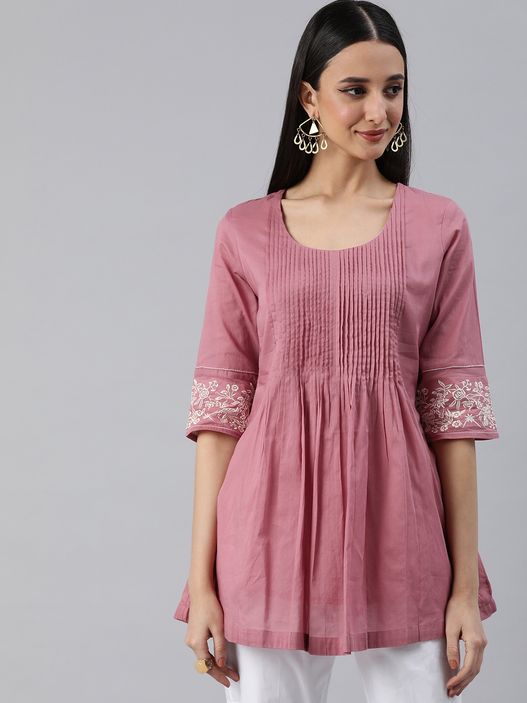 

ETIQUETTE Thread Work Pleated Kurti, Pink