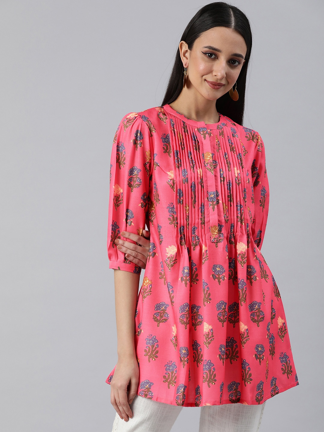 

ETIQUETTE Ethnic Motifs Printed Pleated A-Line Kurti, Pink