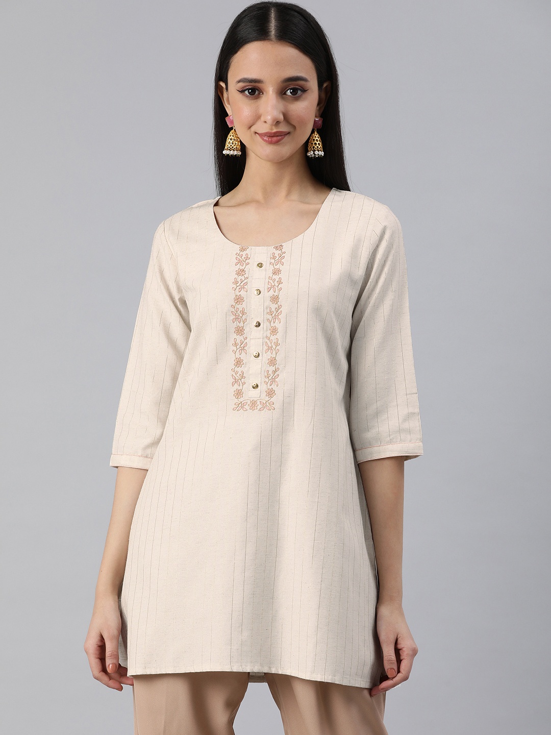 

ETIQUETTE Woven Design Striped Thread Work Kurti, Gold