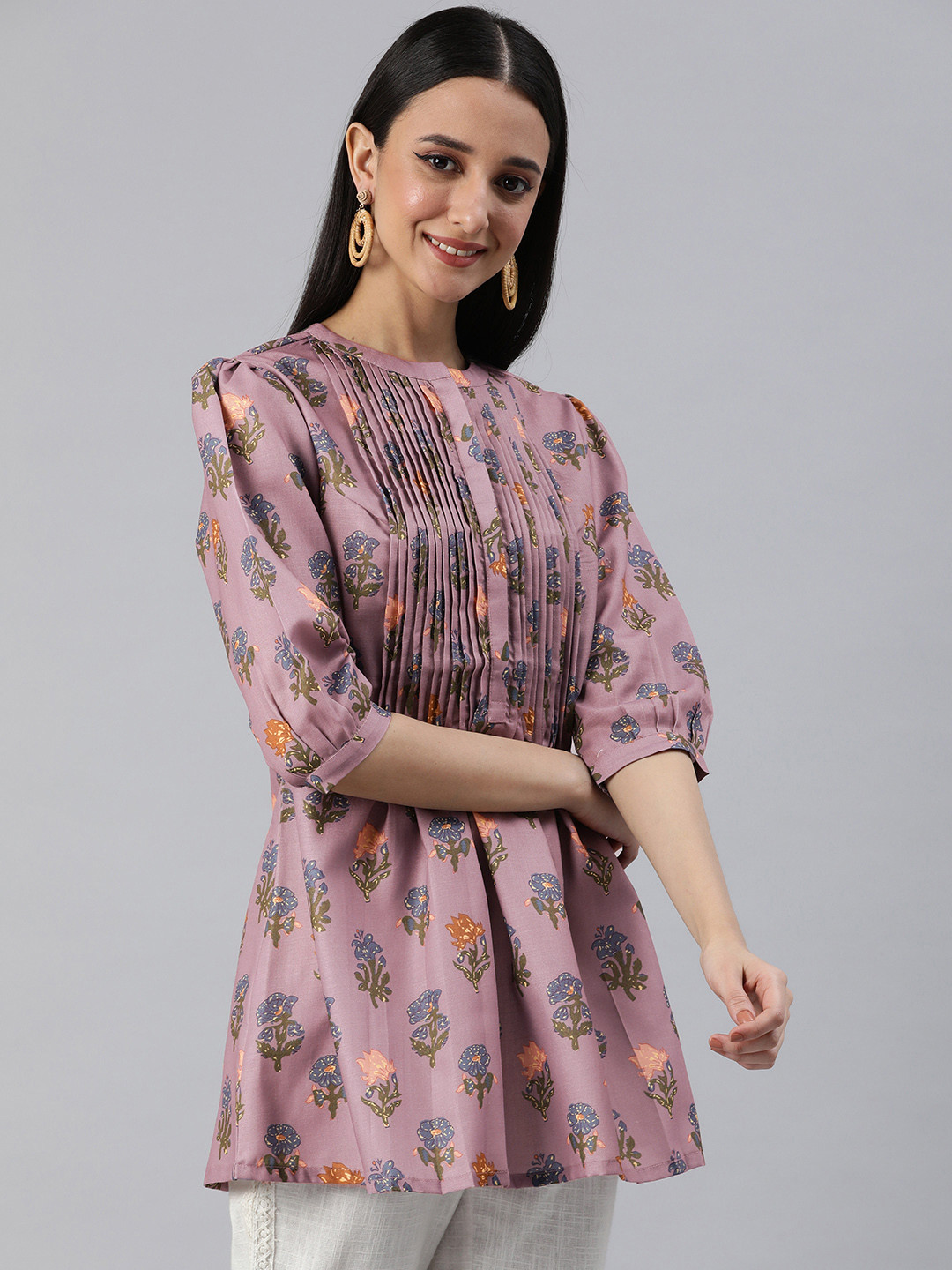 

ETIQUETTE Ethnic Motifs Printed Pleated A-Line Kurti, Purple