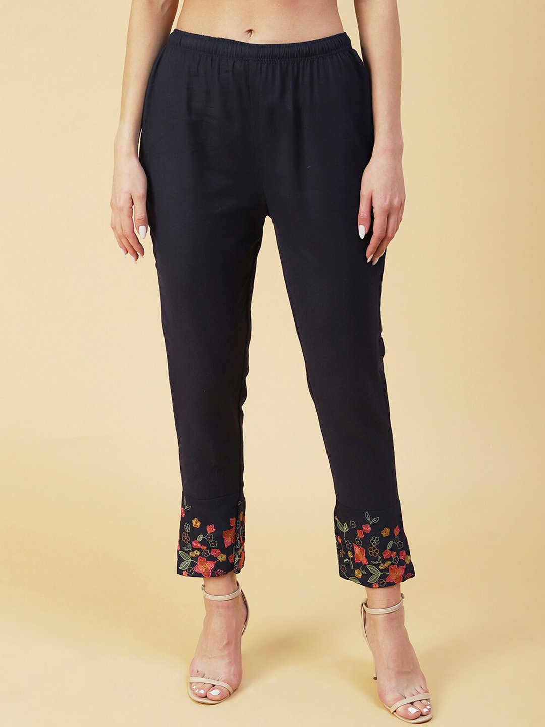 

FASHOR Women Floral Embroidered Comfort Straight Fit Trousers, Navy blue