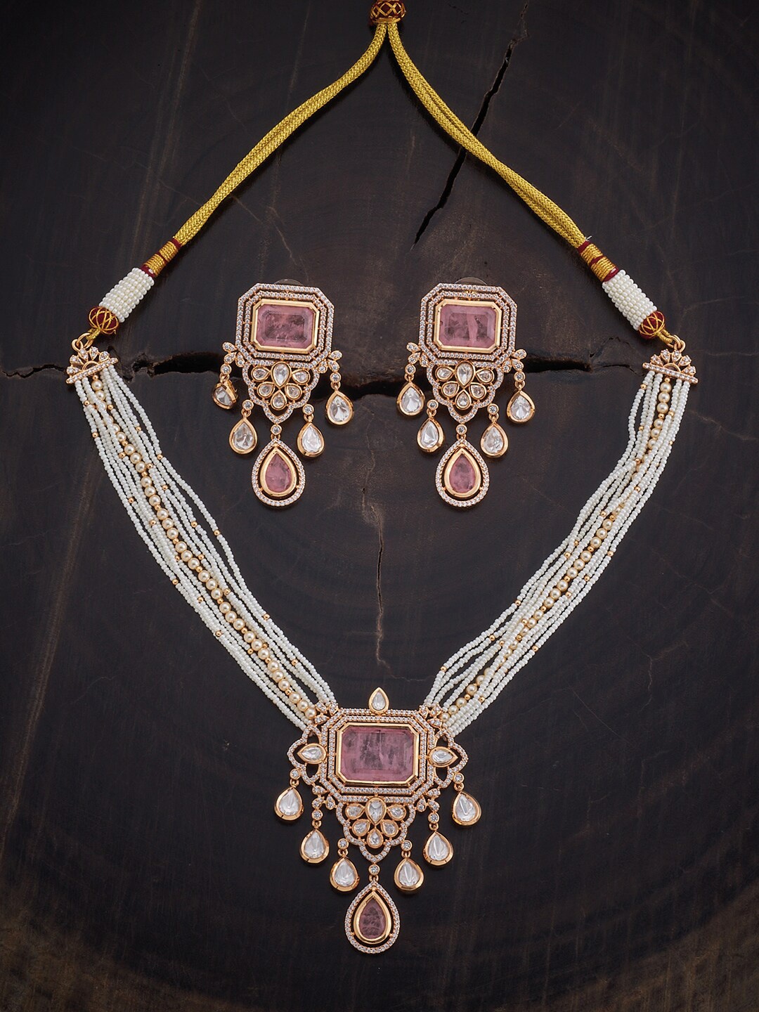 

Kushal's Fashion Jewellery Gold-Plated Vilandi Kundan Studded Jewellery Set, Pink