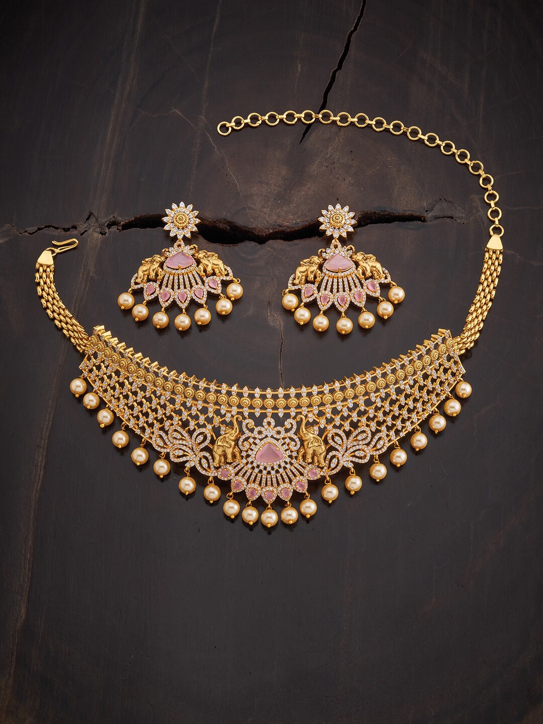

Kushal's Fashion Jewellery Gold-Plated Artificial Stone-Sudded & Pearl Beaded Jewellery Set, Pink