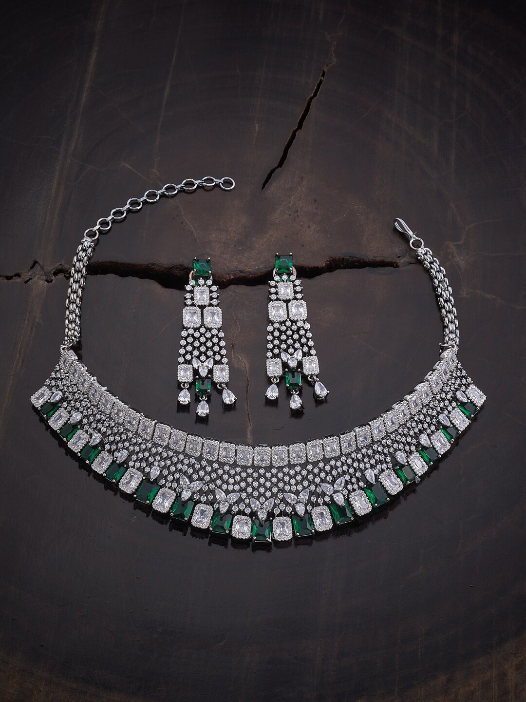 

Kushal's Fashion Jewellery Rhodium-Plated CZ-Studded Jewellery Set, Green