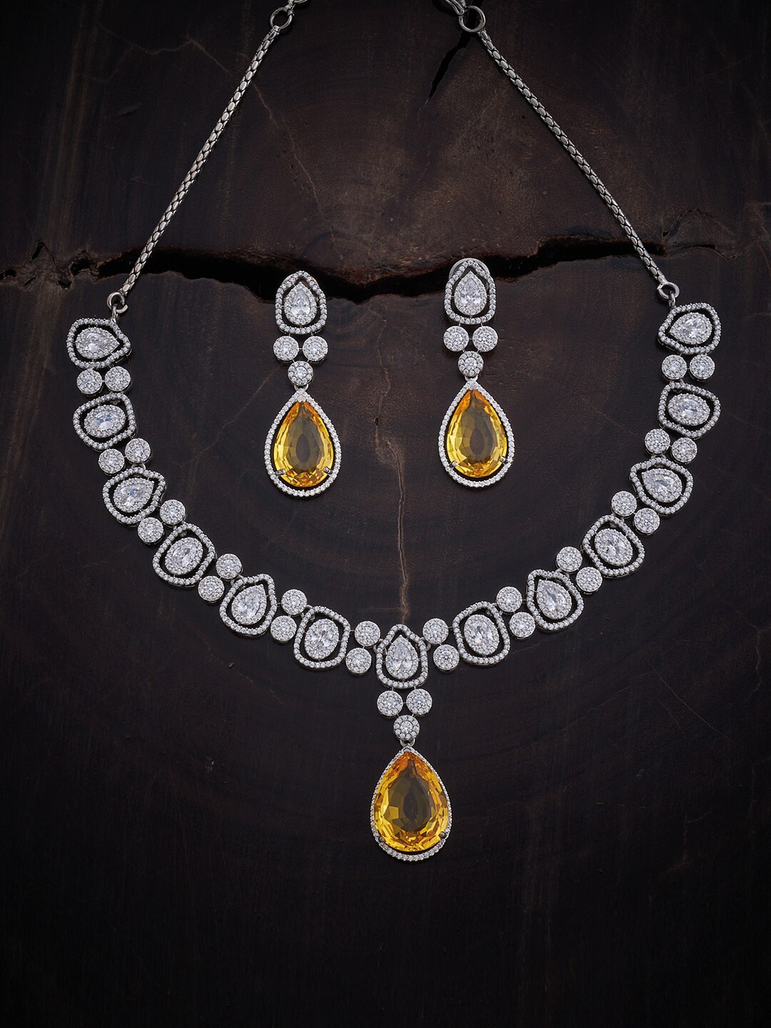 

Kushal's Fashion Jewellery Rhodium-Plated & Cubic Zirconia Stone-Studded Jewellery Set, Yellow