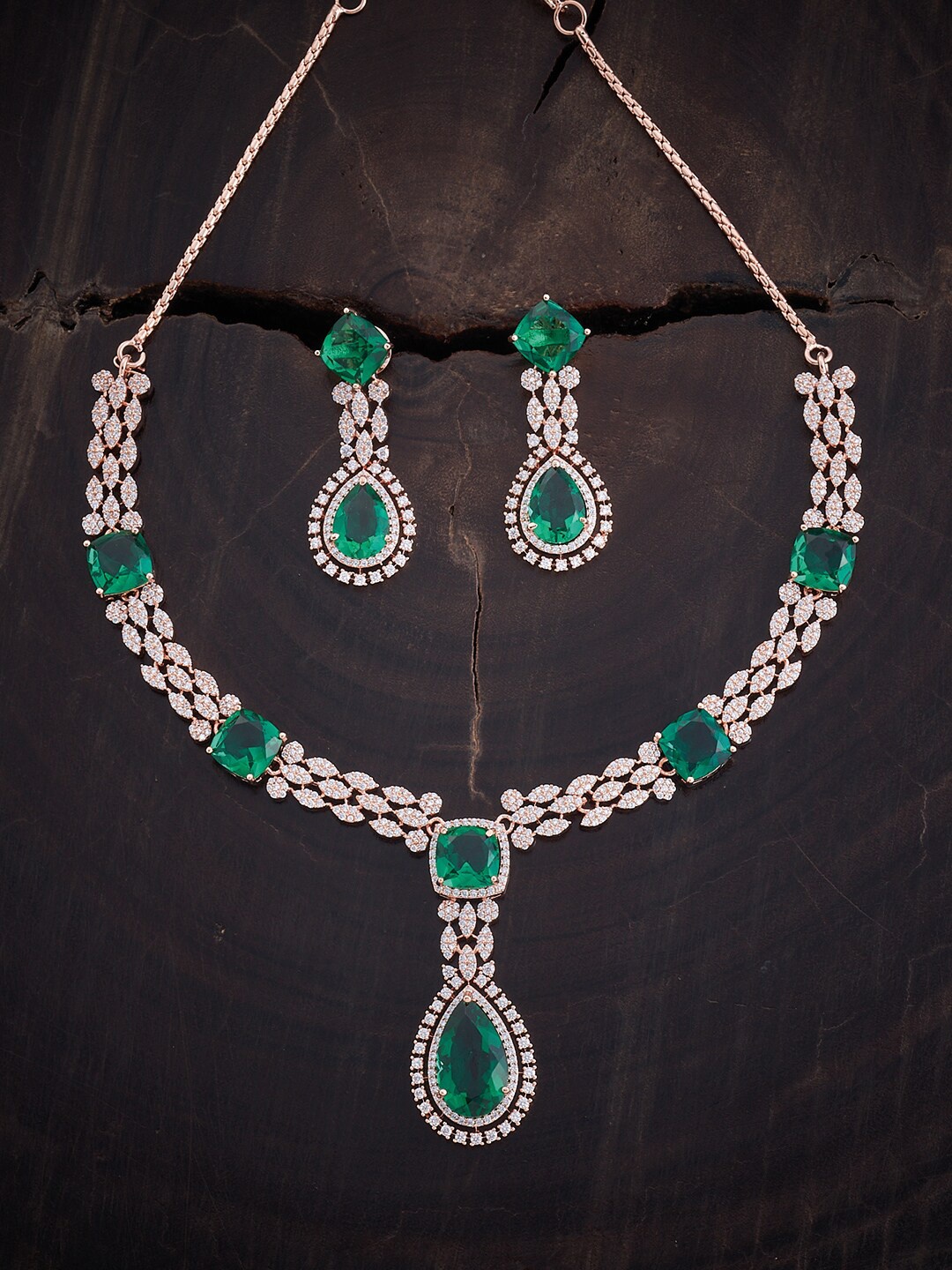 

Kushal's Fashion Jewellery Rose-Gold Plated CZ Studded Jewellery Set, Green
