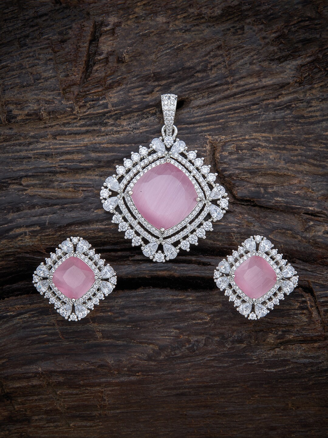

Kushal's Fashion Jewellery Rhodium Plated Studded Pendant With Earrings, Pink