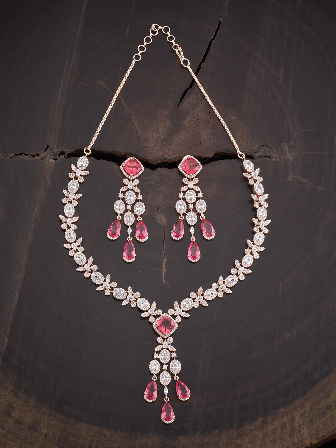 

Kushal's Fashion Jewellery Women Rose Gold-Plated CZ Studded Jewellery Set, Red