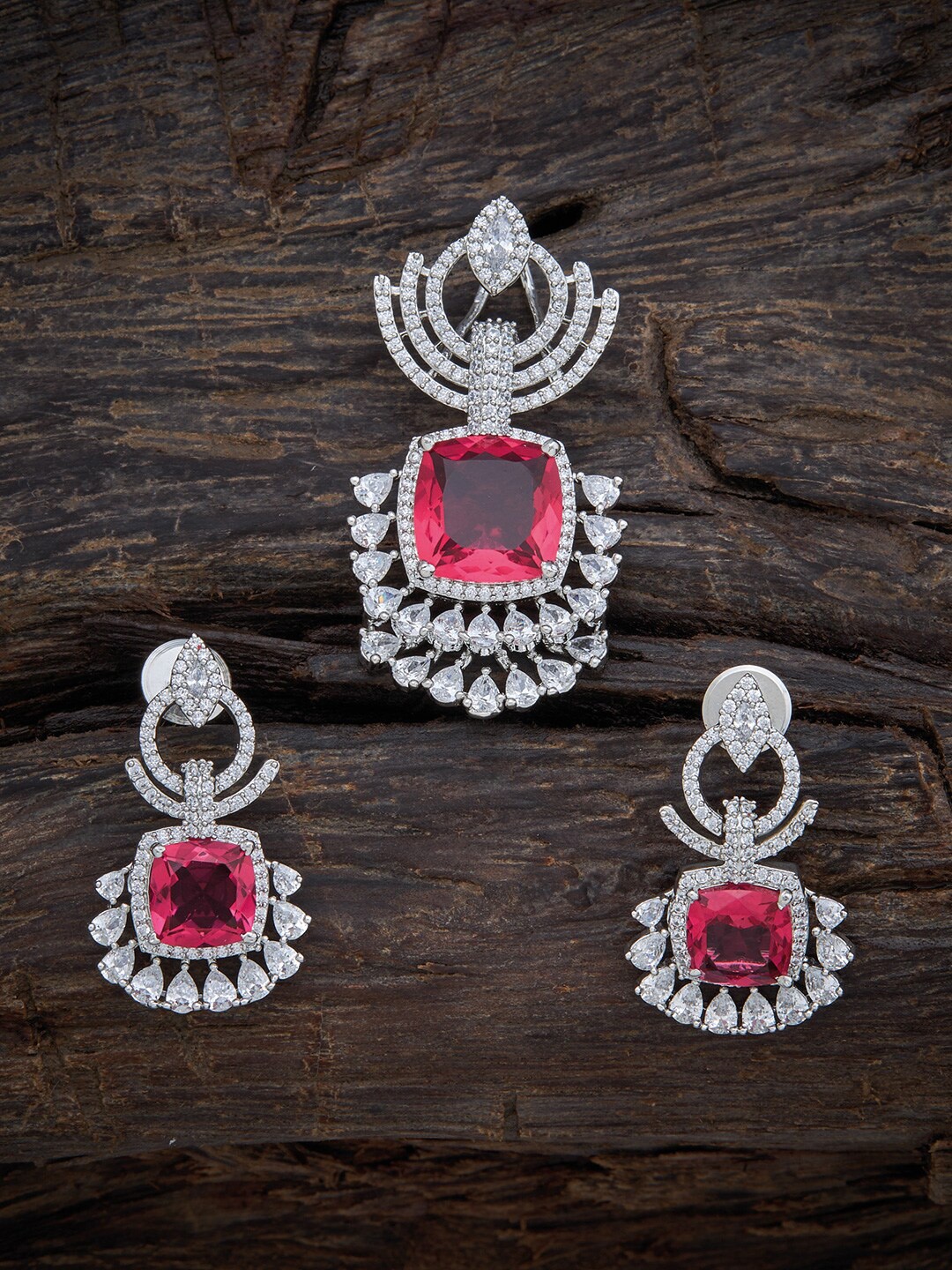 

Kushal's Fashion Jewellery Rhodium Plated Studded Pendant With Earrings, Red