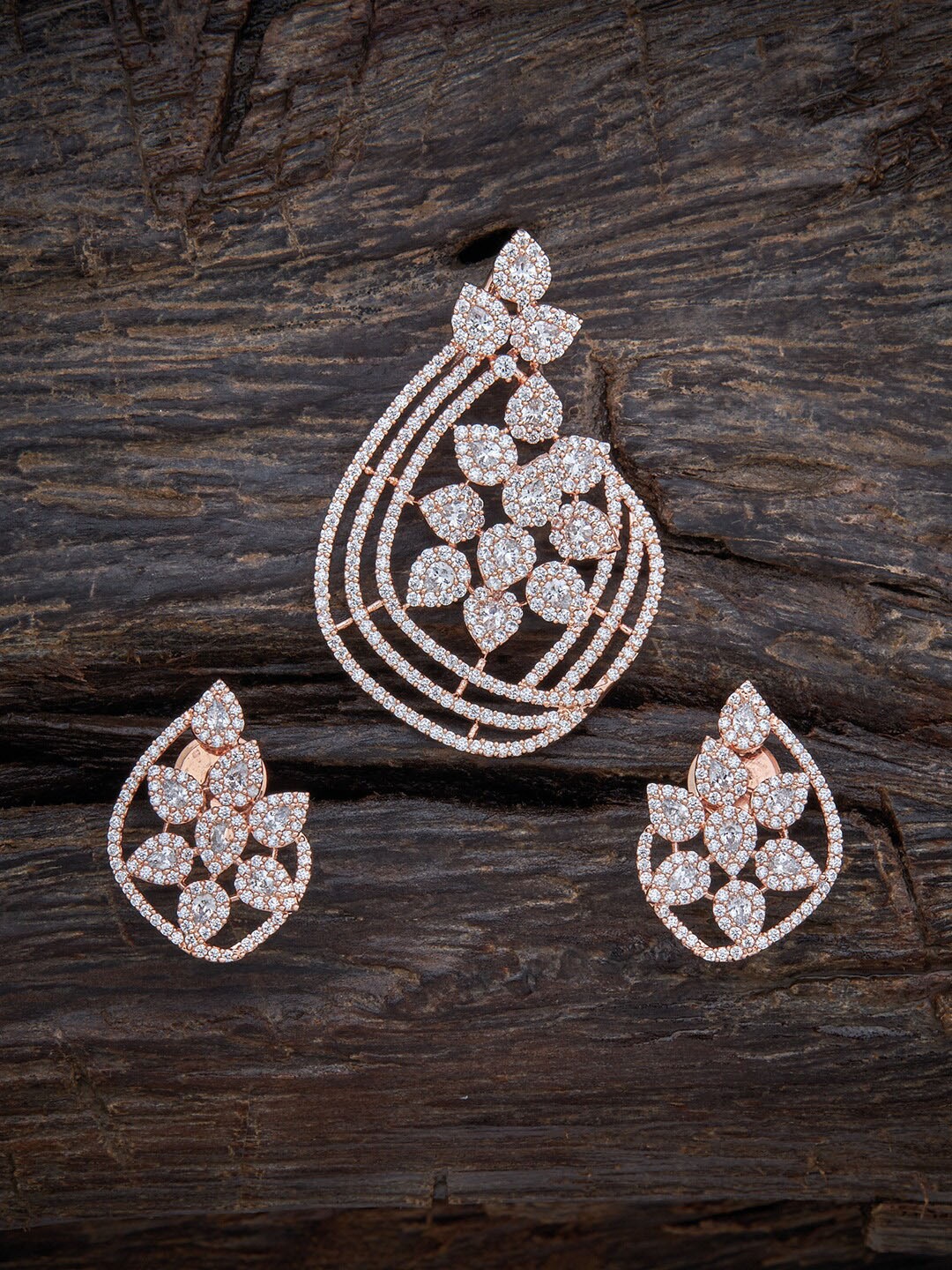 

Kushal's Fashion Jewellery Rose-Gold Plated Cubic Zirconia Studded Pendant With Earrings, White