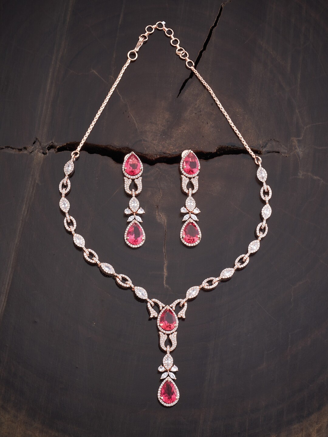 

Kushal's Fashion Jewellery Women Rose Gold-Plated CZ Studded Jewellery Set, Pink