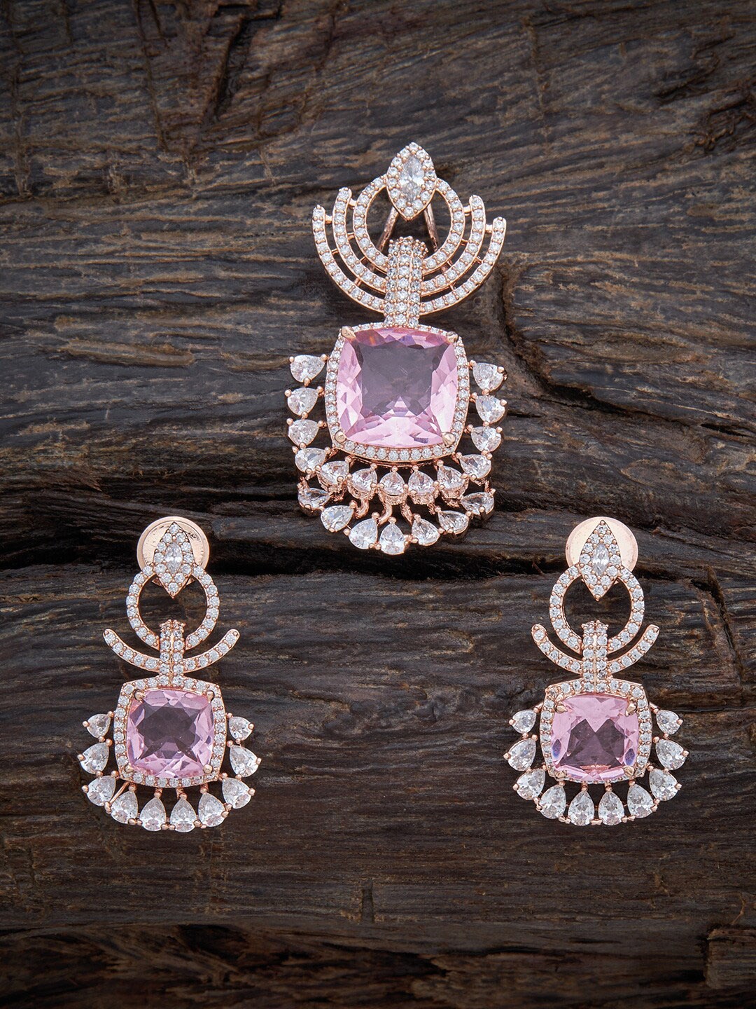

Kushal's Fashion Jewellery Rose-Gold Plated Cubic Zirconia Studded Pendant With Earrings, Pink