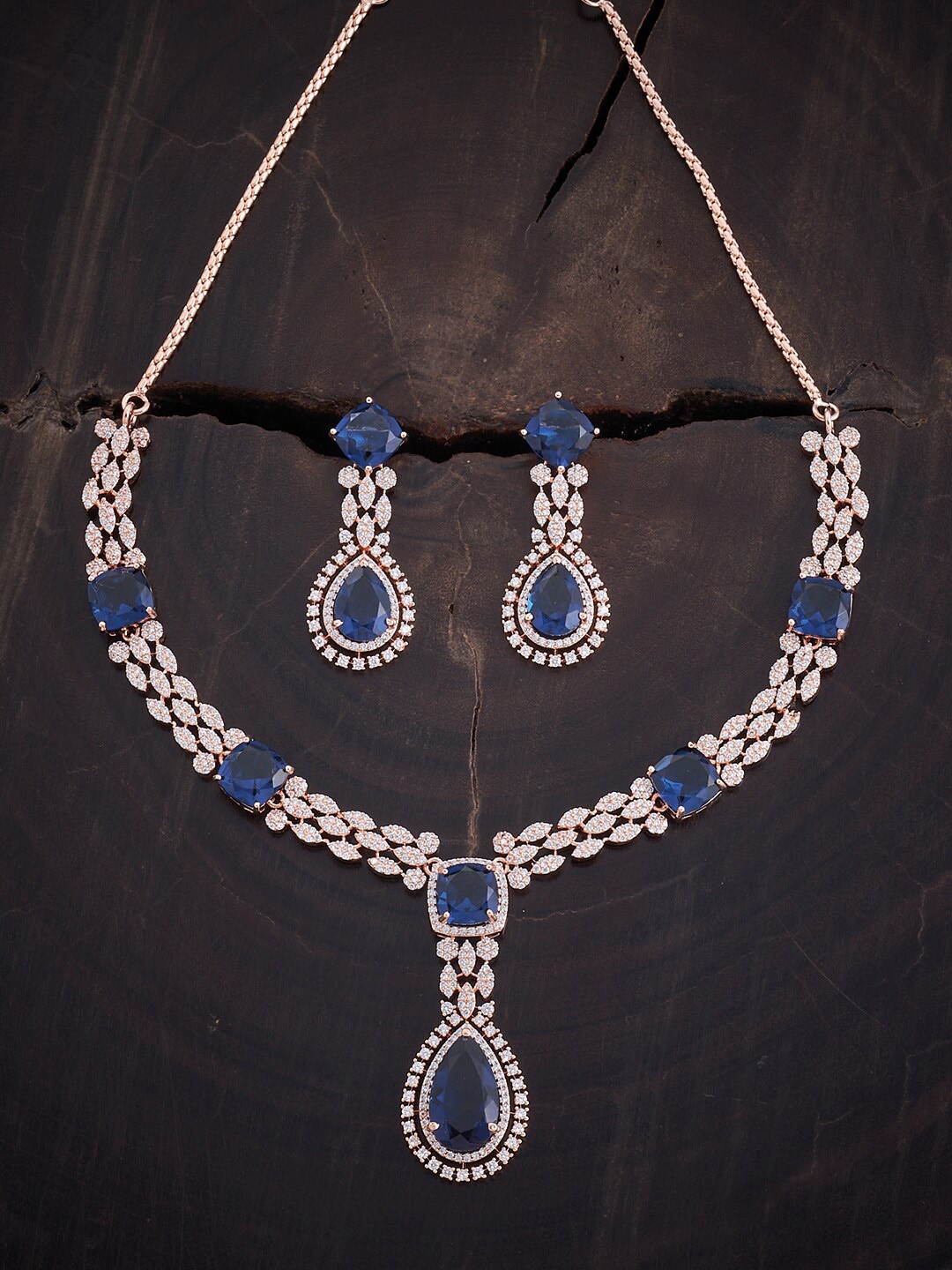 

Kushal's Fashion Jewellery Women Rose-Gold-Plated CZ-Studded Jewellery Set, Blue