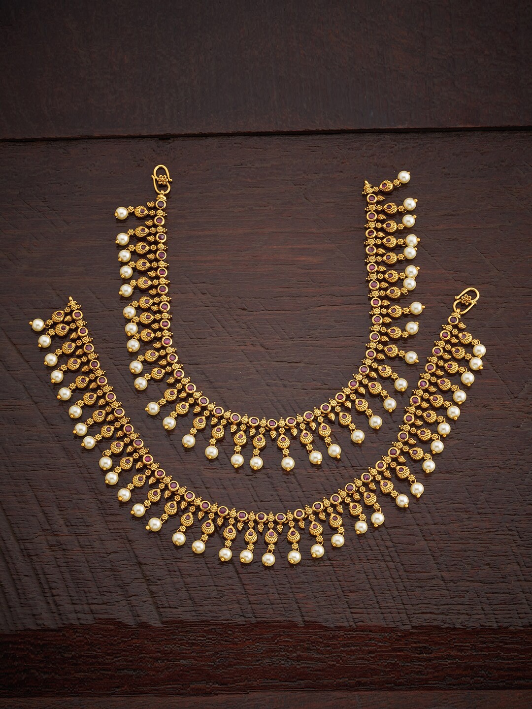 

Kushal's Fashion Jewellery Set of 2 Gold Plated Antique Design Anklets, Red