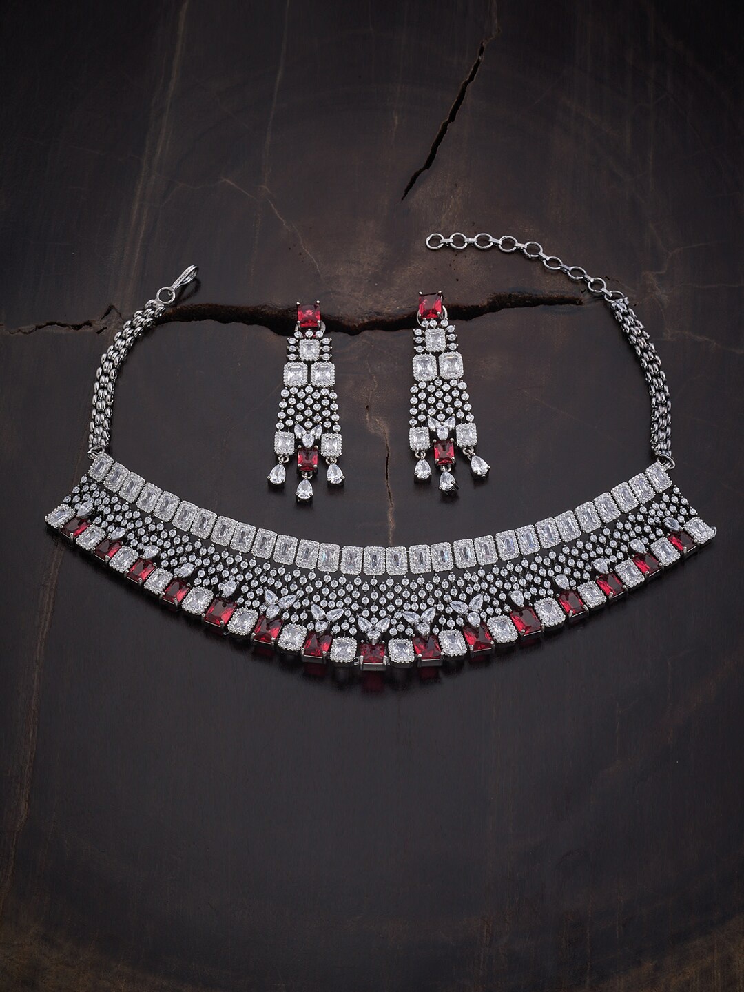 

Kushal's Fashion Jewellery Silver-Plated Stone Studded Jewellery Set, Red