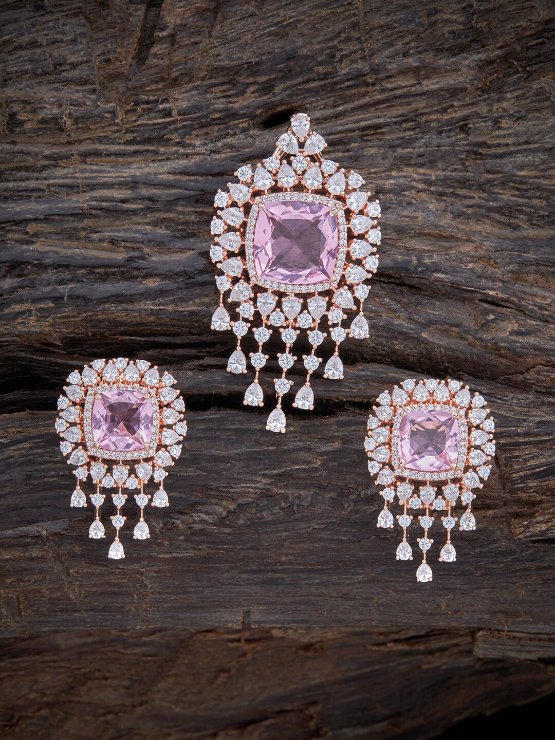 

Kushal's Fashion Jewellery Rose-Gold Plated Sparkling Cubic Zirconia Pendent & Earring Set, Pink