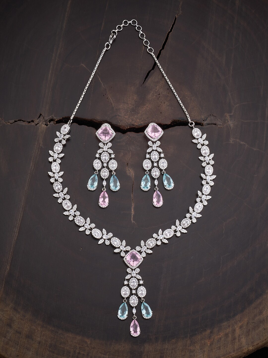 

Kushal's Fashion Jewellery Rhodium-Plated CZ-Studded & Beaded Jewellery Set, White