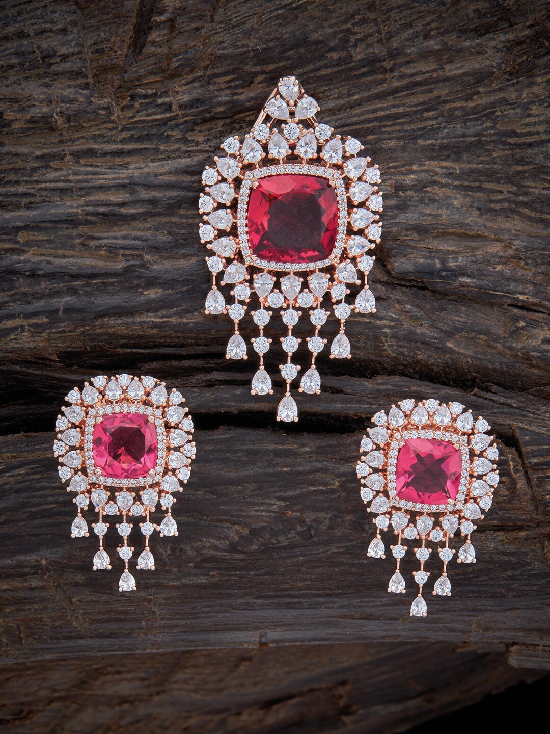 

Kushal's Fashion Jewellery Women Rose Gold-Plated CZ-Studded Jewellery Set, Red