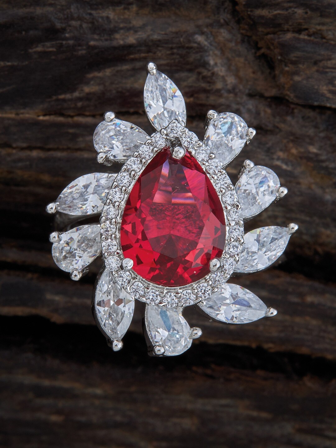 

Kushal's Fashion Jewellery Rhodium-Plated CZ Studded Finger Ring, Red