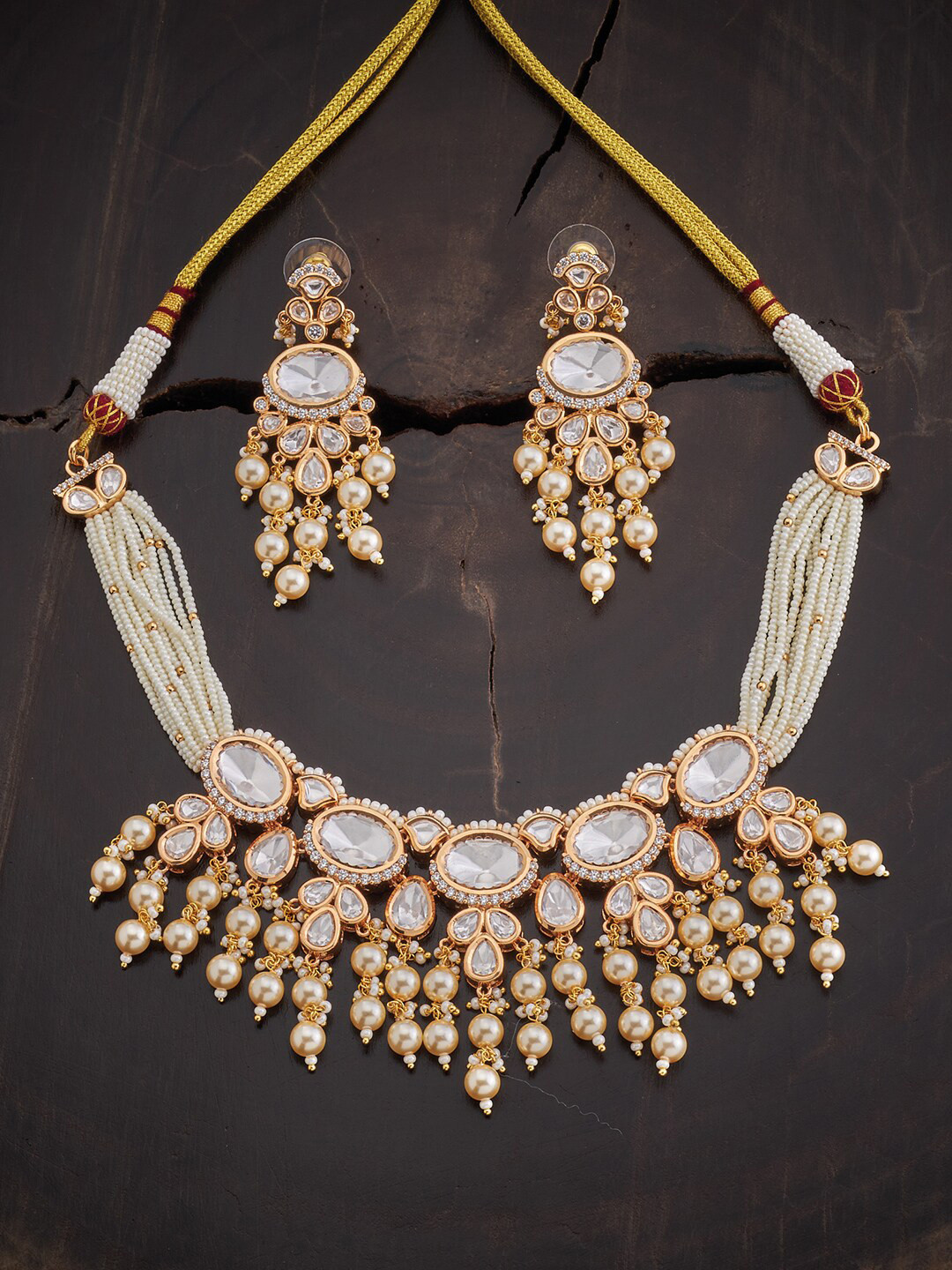 

Kushal's Fashion Jewellery Kundan Studded & Artificial Bead Detailed Copper Jewellery Set, White