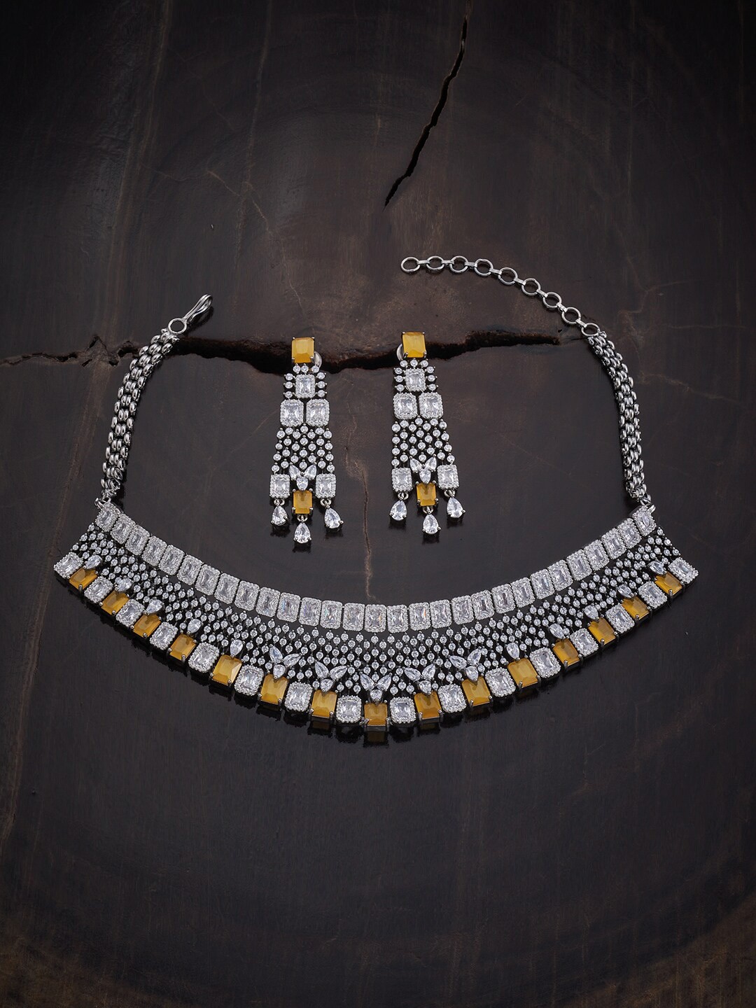 

Kushal's Fashion Jewellery Rhodium-Plated Cubic Zirconia Stone-Studded Jewellery Set, Silver