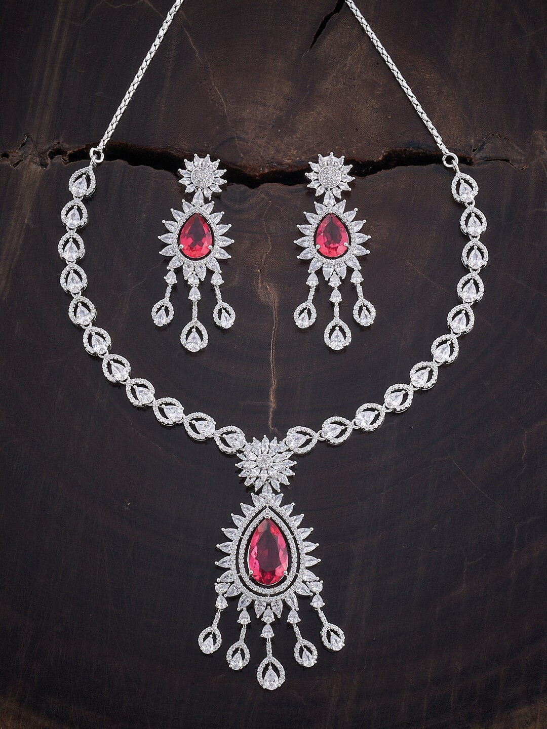 

Kushal's Fashion Jewellery Rhodium-Plated CZ-Studded Jewellery Set, Red