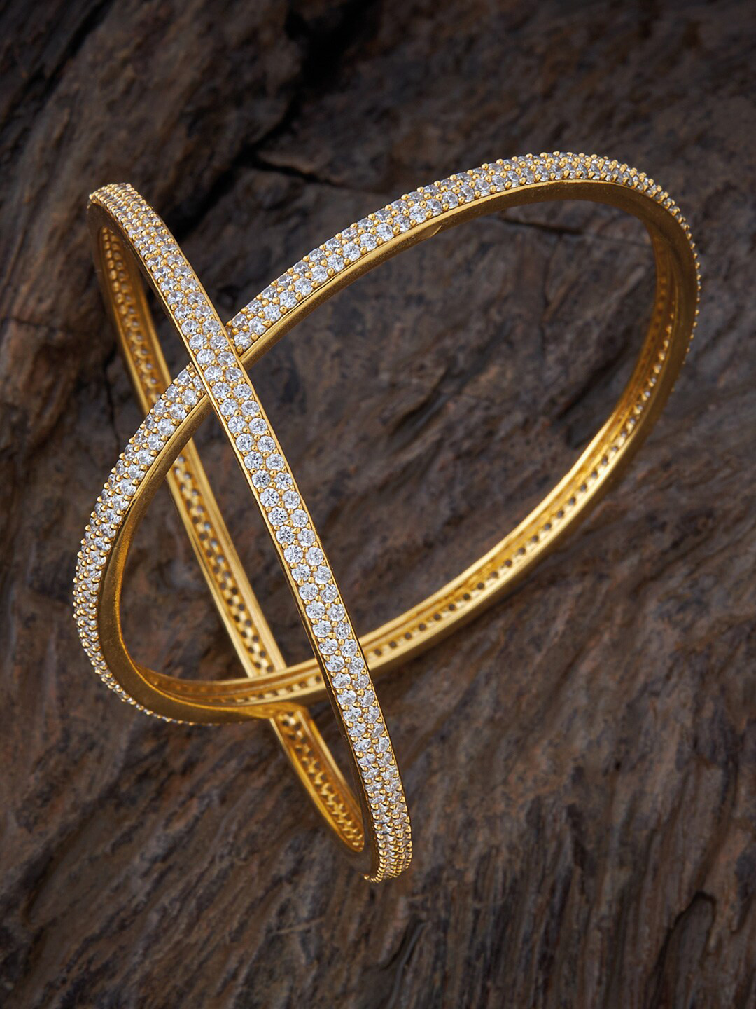 

Kushal's Fashion Jewellery Silver Set of 2 Gold Plated AD-Studded Antique Bangles, White